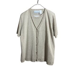 Alfred Dunner Petite Tan Beige 2 Piece Cardigan Shell Sweater‎ Set Crochet PL